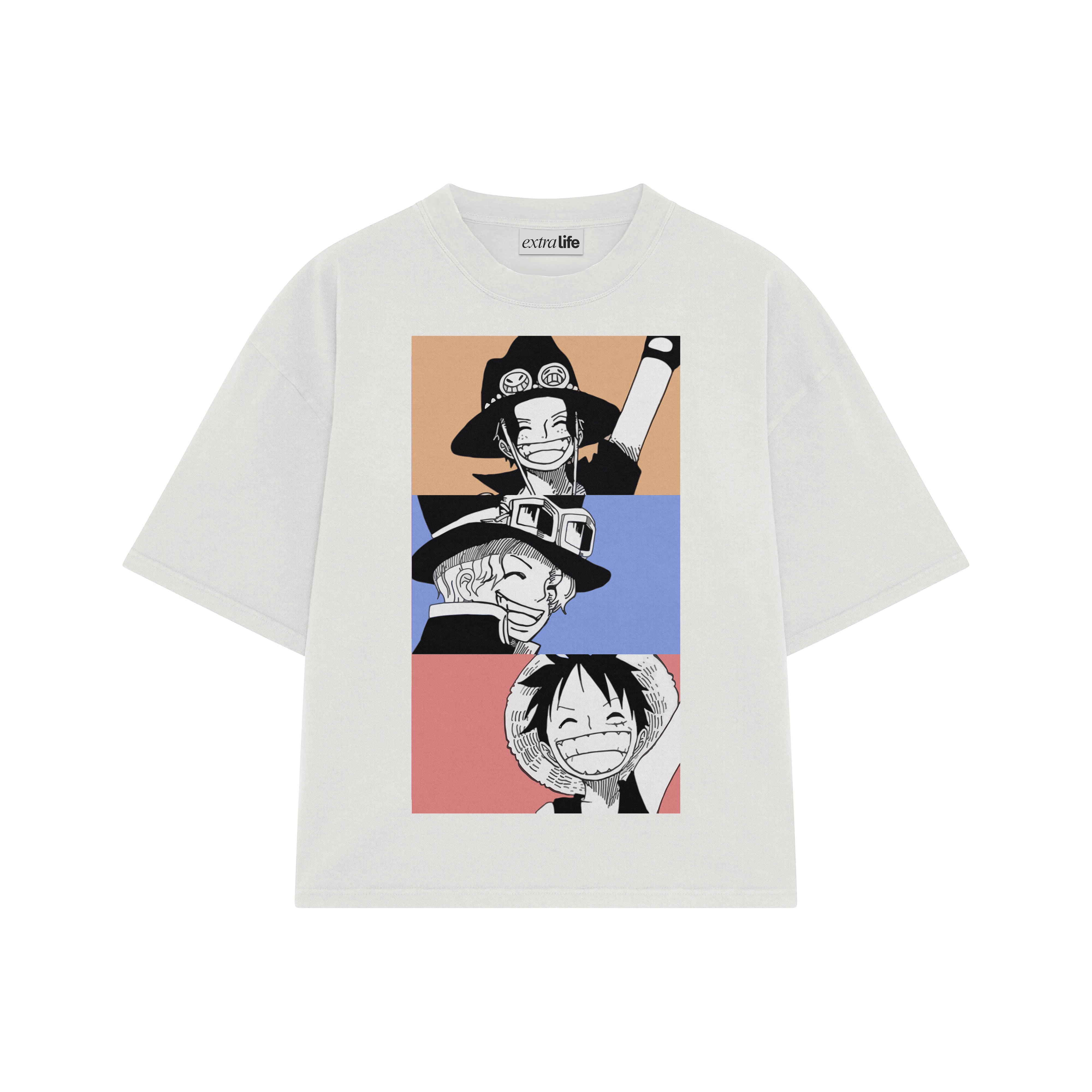 Playera streetwear premium de anime y gaming ExtraLife MX, corte boxy oversized drop shoulder heavyweight en color Deep Black y Off-White, moda urbana mexicana de culto.