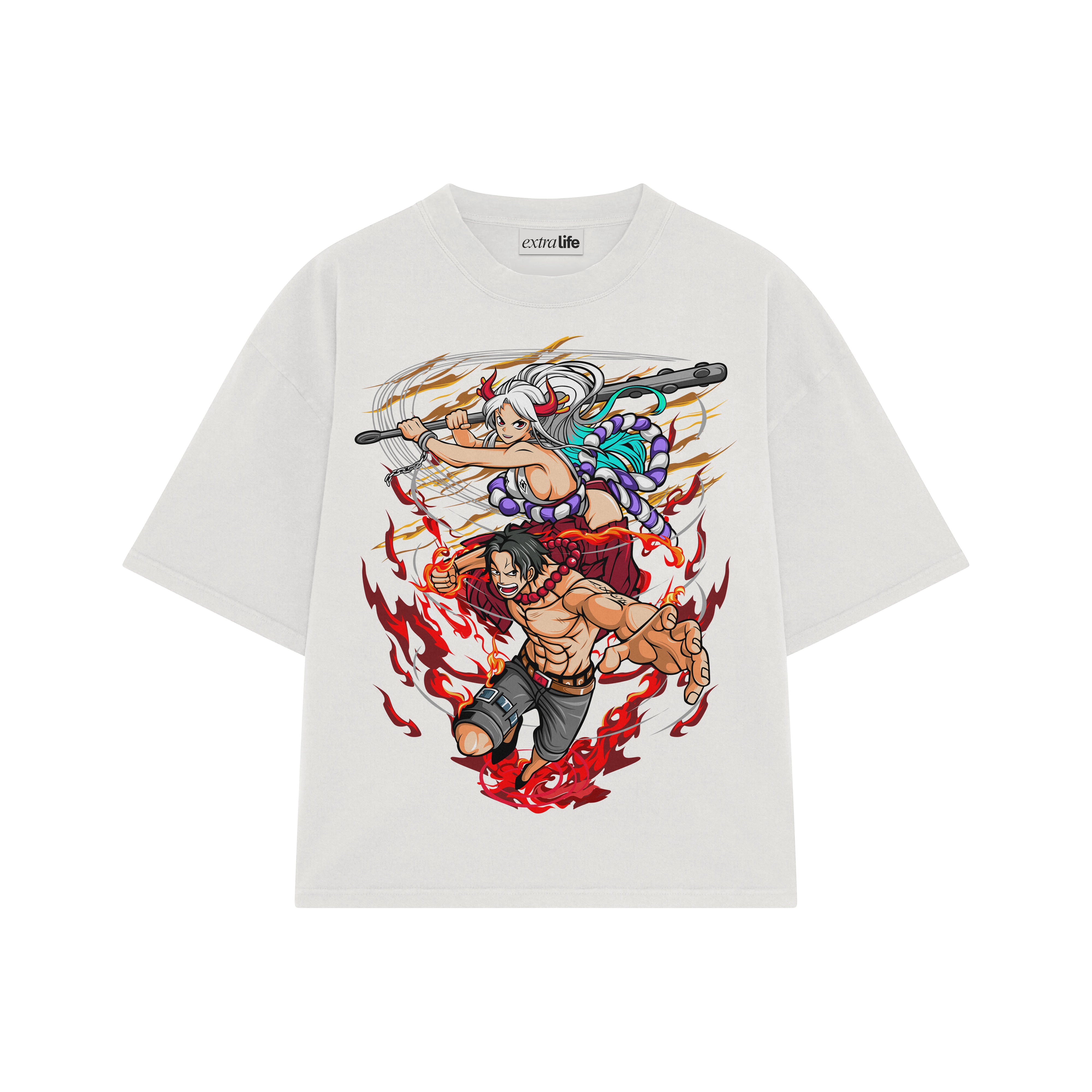 Playera streetwear premium de anime y gaming ExtraLife MX, corte boxy oversized drop shoulder heavyweight en color Deep Black y Off-White, moda urbana mexicana de culto.