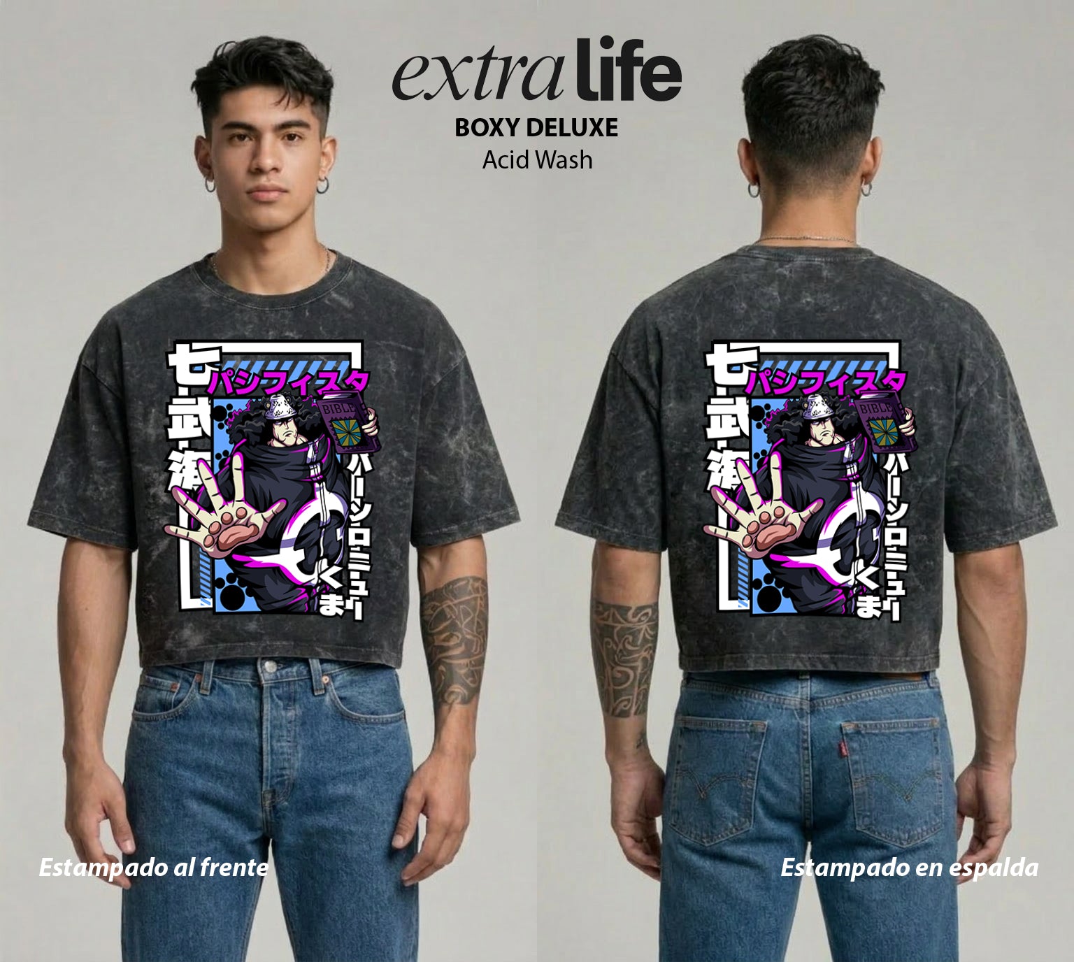 Playera streetwear premium de anime y gaming ExtraLife MX, corte boxy deluxe mineral wash heavyweight en color Acid Wash, moda urbana mexicana de culto.