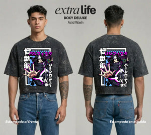 Playera streetwear premium de anime y gaming ExtraLife MX, corte boxy deluxe mineral wash heavyweight en color Acid Wash, moda urbana mexicana de culto.