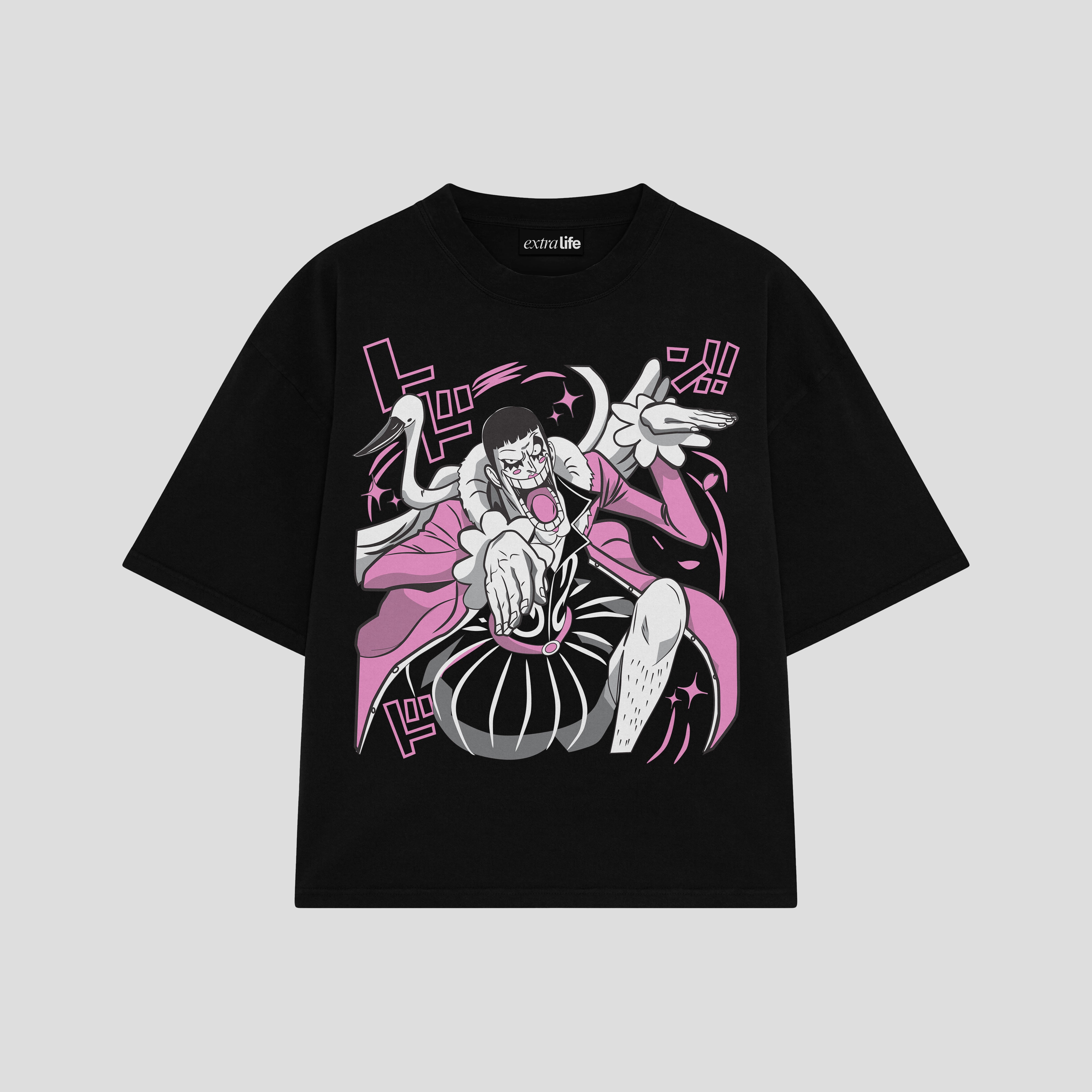 Playera streetwear premium de anime y gaming ExtraLife MX, corte boxy oversized drop shoulder heavyweight en color Deep Black y Off-White, moda urbana mexicana de culto.