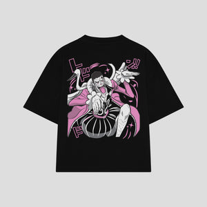 Playera streetwear premium de anime y gaming ExtraLife MX, corte boxy oversized drop shoulder heavyweight en color Deep Black y Off-White, moda urbana mexicana de culto.