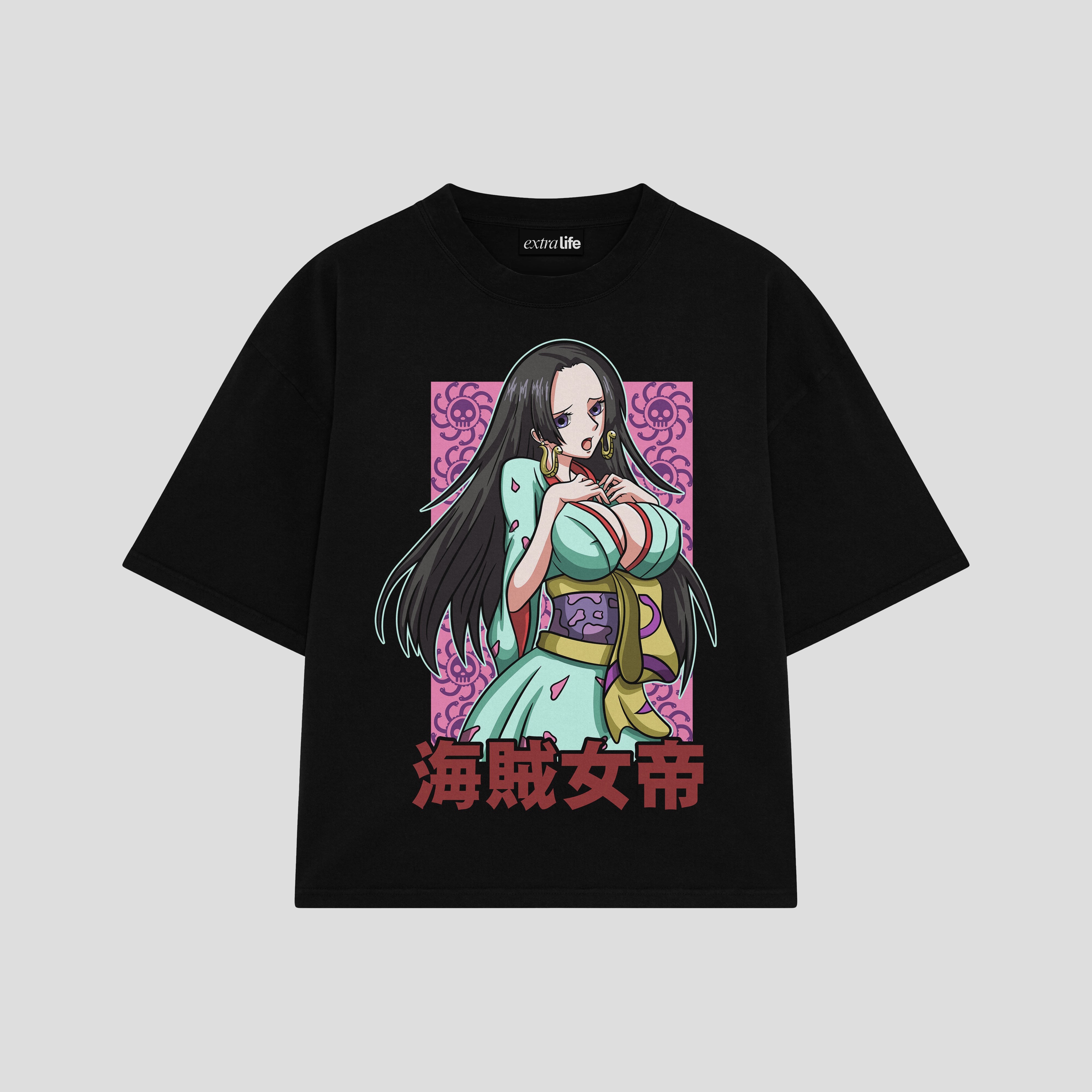 Playera streetwear premium de anime y gaming ExtraLife MX, corte boxy oversized drop shoulder heavyweight en color Deep Black y Off-White, moda urbana mexicana de culto.