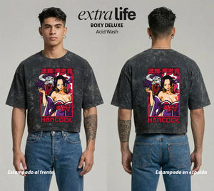 Playera streetwear premium de anime y gaming ExtraLife MX, corte boxy deluxe mineral wash heavyweight en color Acid Wash, moda urbana mexicana de culto.