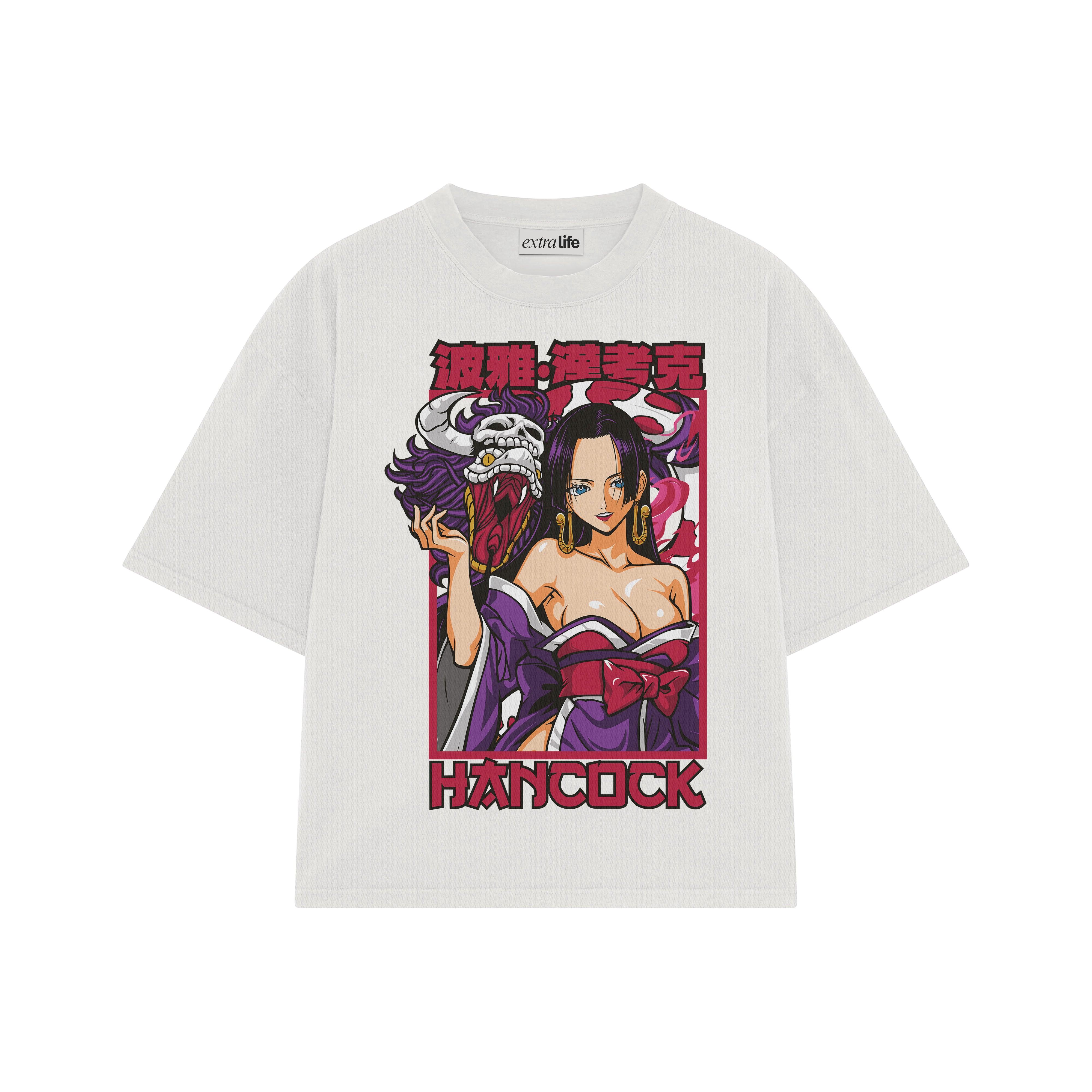 Playera streetwear premium de anime y gaming ExtraLife MX, corte boxy oversized drop shoulder heavyweight en color Deep Black y Off-White, moda urbana mexicana de culto.