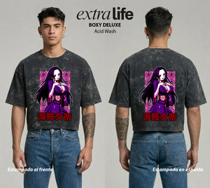Playera streetwear premium de anime y gaming ExtraLife MX, corte boxy deluxe mineral wash heavyweight en color Acid Wash, moda urbana mexicana de culto.