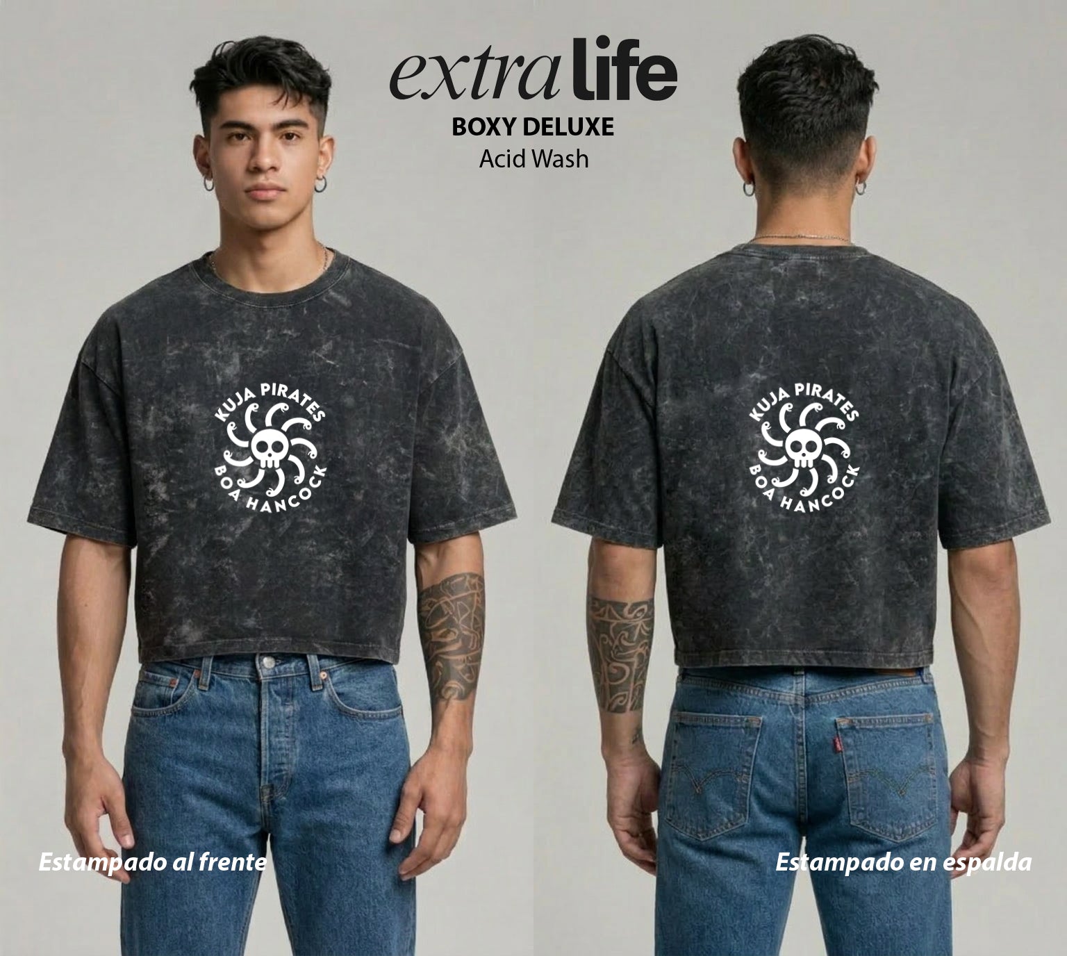 Playera streetwear premium de anime y gaming ExtraLife MX, corte boxy deluxe mineral wash heavyweight en color Acid Wash, moda urbana mexicana de culto.