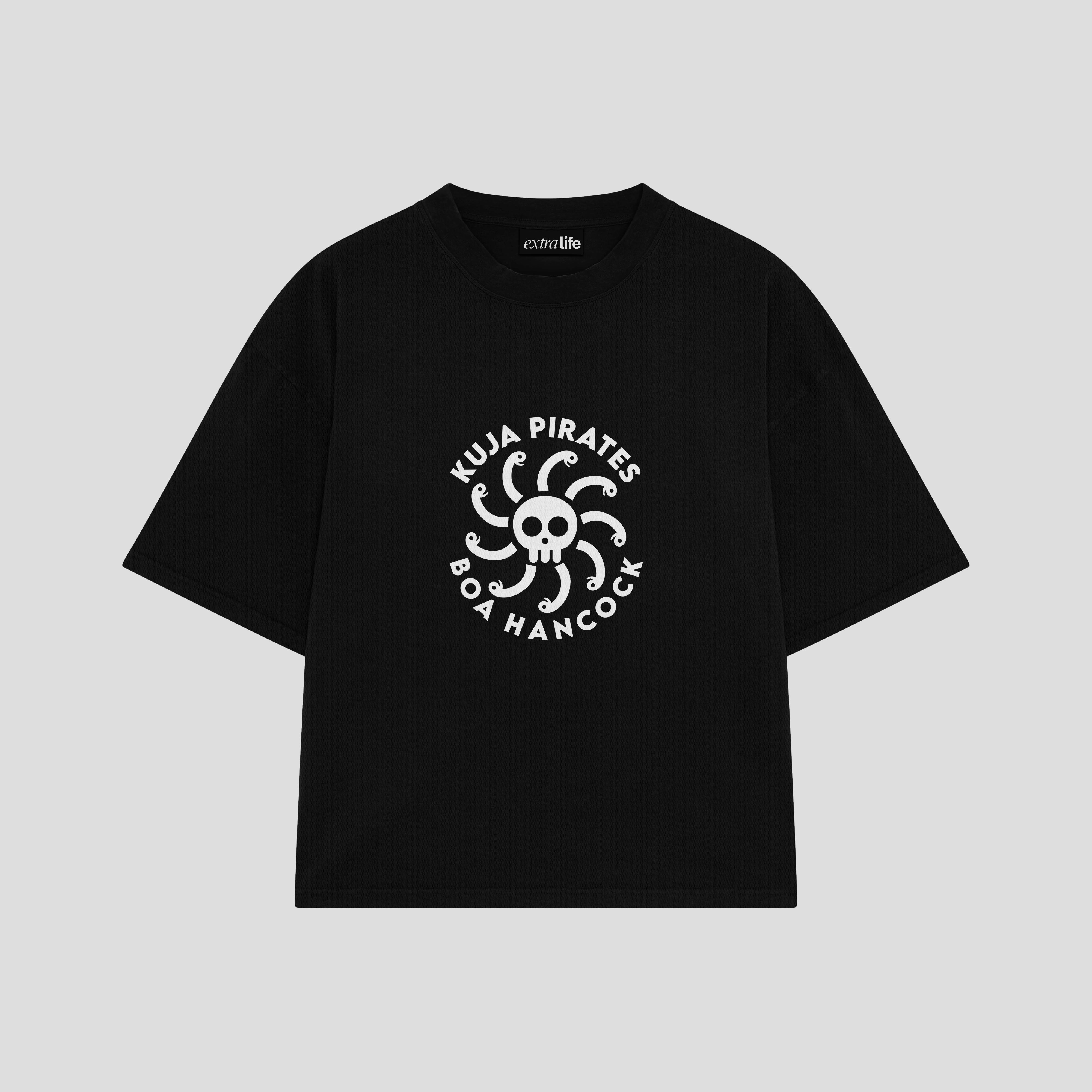 Playera streetwear premium de anime y gaming ExtraLife MX, corte boxy oversized drop shoulder heavyweight en color Deep Black y Off-White, moda urbana mexicana de culto.