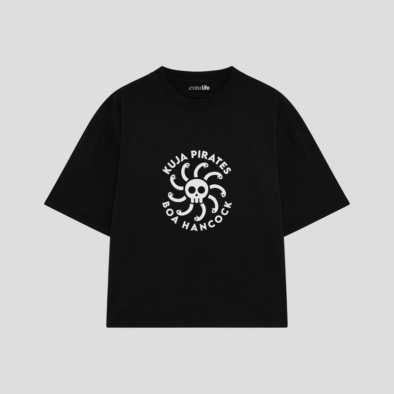 Playera streetwear premium de anime y gaming ExtraLife MX, corte boxy oversized drop shoulder heavyweight en color Deep Black y Off-White, moda urbana mexicana de culto.