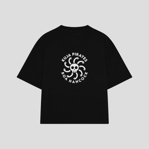 Playera streetwear premium de anime y gaming ExtraLife MX, corte boxy oversized drop shoulder heavyweight en color Deep Black y Off-White, moda urbana mexicana de culto.