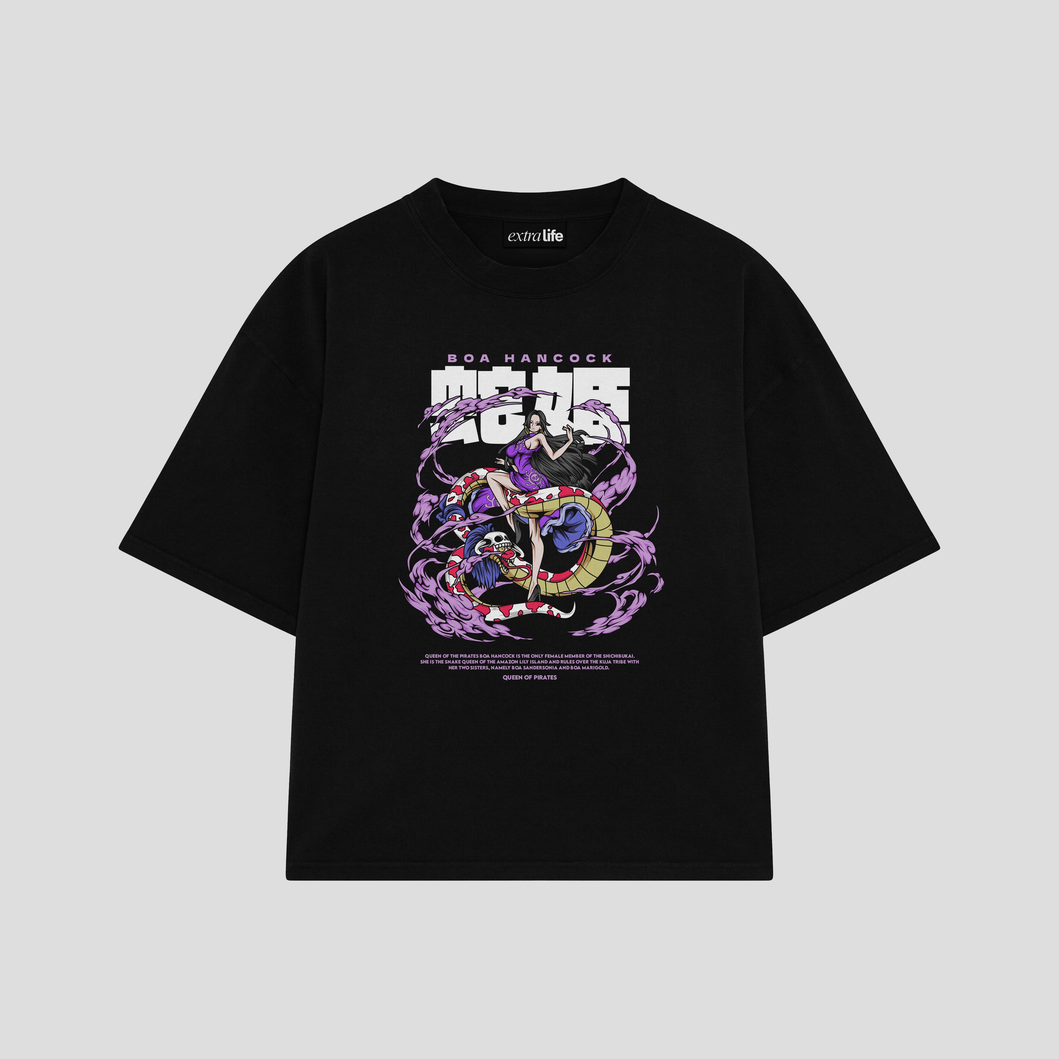 Playera streetwear premium de anime y gaming ExtraLife MX, corte boxy oversized drop shoulder heavyweight en color Deep Black y Off-White, moda urbana mexicana de culto.