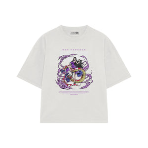 Playera streetwear premium de anime y gaming ExtraLife MX, corte boxy oversized drop shoulder heavyweight en color Deep Black y Off-White, moda urbana mexicana de culto.
