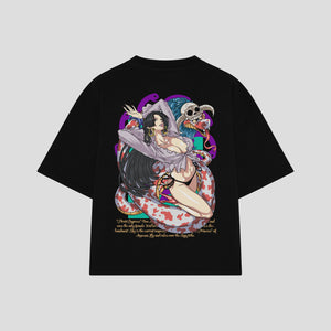 Playera streetwear premium de anime y gaming ExtraLife MX, corte boxy oversized drop shoulder heavyweight en color Deep Black y Off-White, moda urbana mexicana de culto.