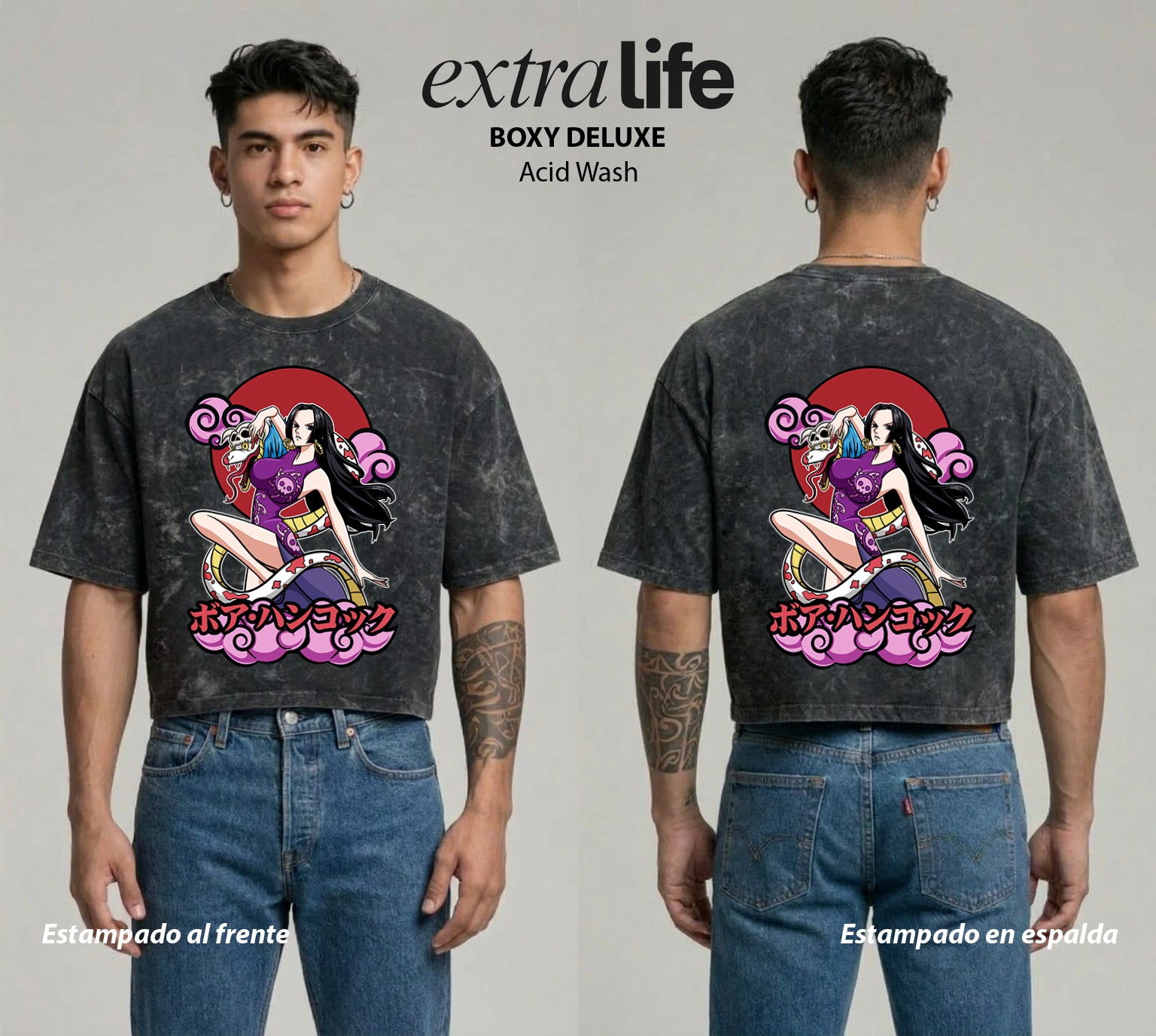 Playera streetwear premium de anime y gaming ExtraLife MX, corte boxy deluxe mineral wash heavyweight en color Acid Wash, moda urbana mexicana de culto.