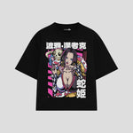 Playera streetwear premium de anime y gaming ExtraLife MX, corte boxy oversized drop shoulder heavyweight en color Deep Black y Off-White, moda urbana mexicana de culto.
