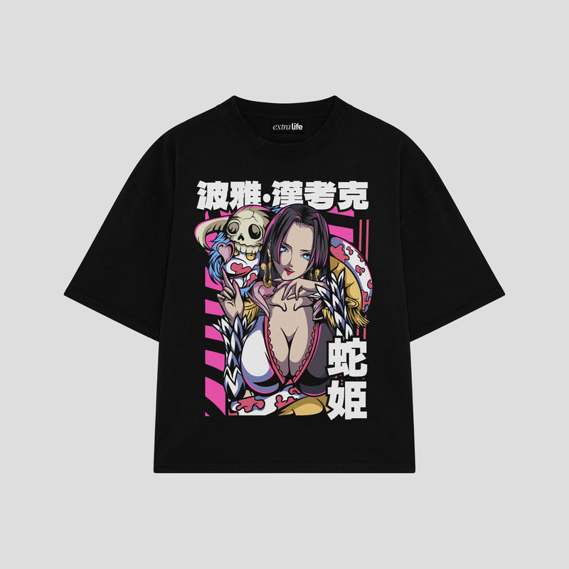 Playera streetwear premium de anime y gaming ExtraLife MX, corte boxy oversized drop shoulder heavyweight en color Deep Black y Off-White, moda urbana mexicana de culto.