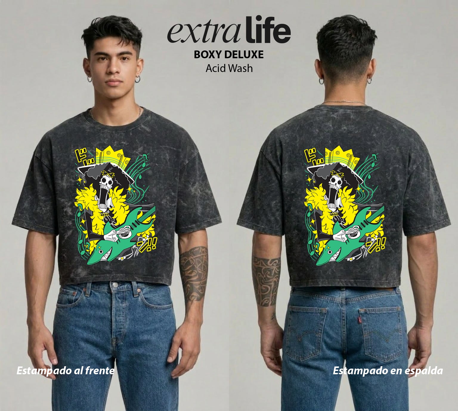 Playera streetwear premium de anime y gaming ExtraLife MX, corte boxy deluxe mineral wash heavyweight en color Acid Wash, moda urbana mexicana de culto.