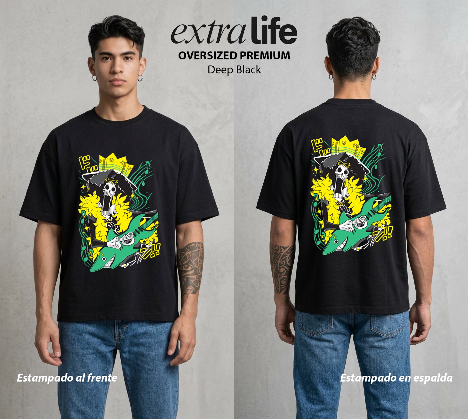 Mar de los Piratas | El Violinista Esqueleto #03052 - Playera Oversized Premium | Deep Black - Foto en modelo