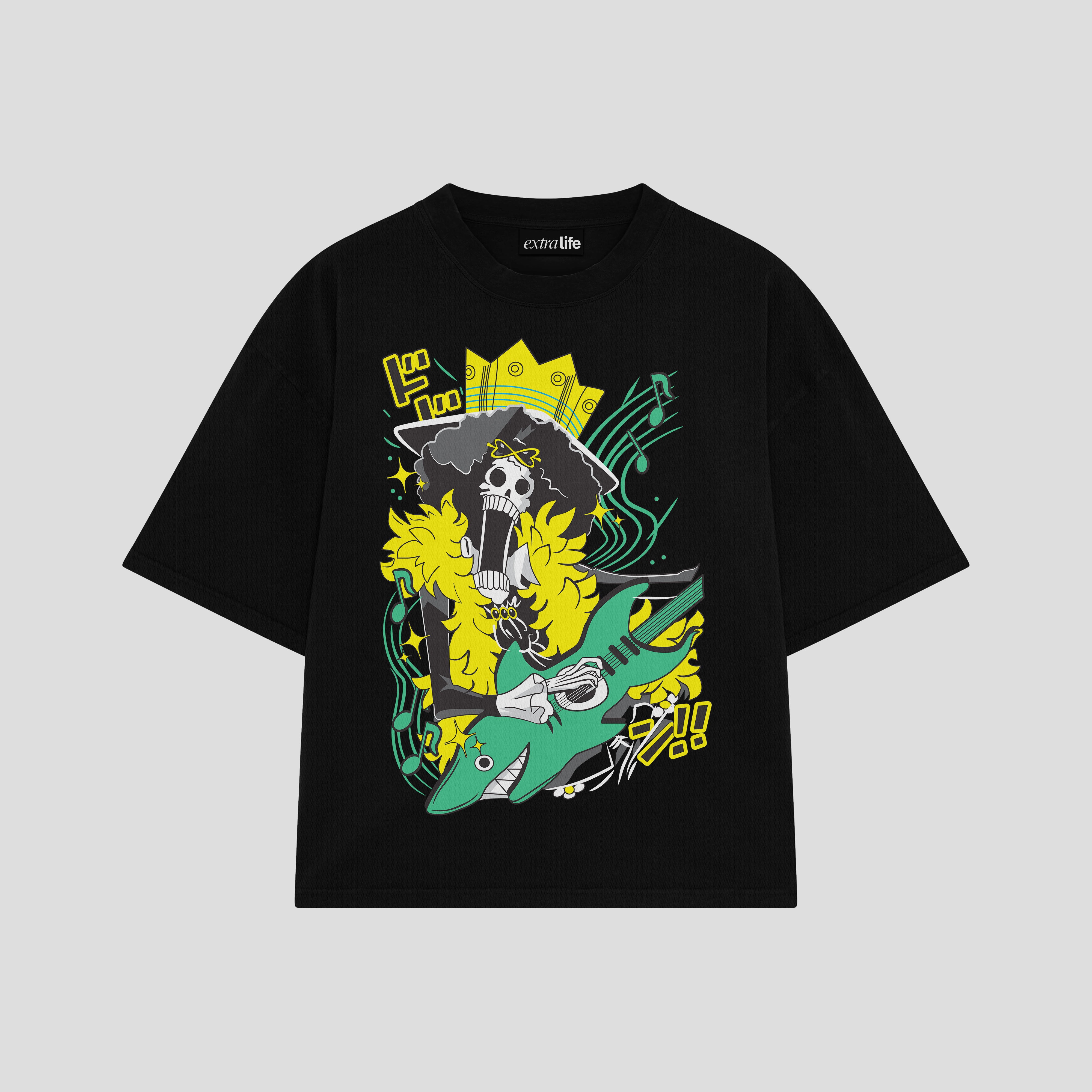 Playera streetwear premium de anime y gaming ExtraLife MX, corte boxy oversized drop shoulder heavyweight en color Deep Black y Off-White, moda urbana mexicana de culto.