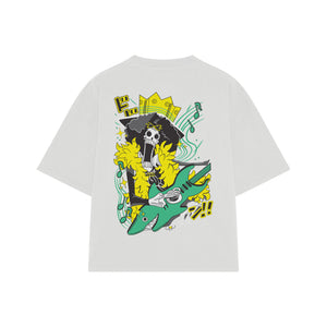 Playera streetwear premium de anime y gaming ExtraLife MX, corte boxy oversized drop shoulder heavyweight en color Deep Black y Off-White, moda urbana mexicana de culto.