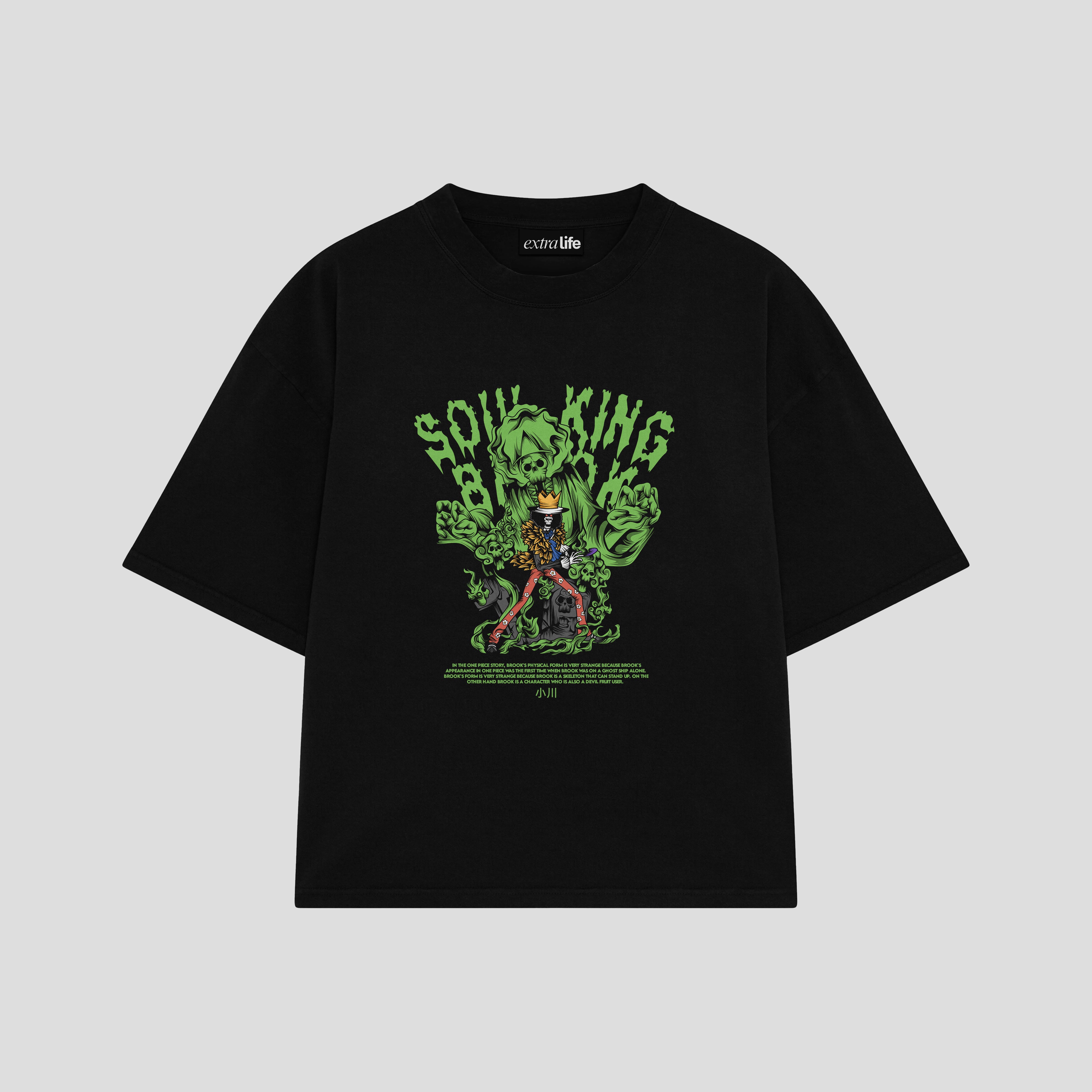 Playera streetwear premium de anime y gaming ExtraLife MX, corte boxy oversized drop shoulder heavyweight en color Deep Black y Off-White, moda urbana mexicana de culto.