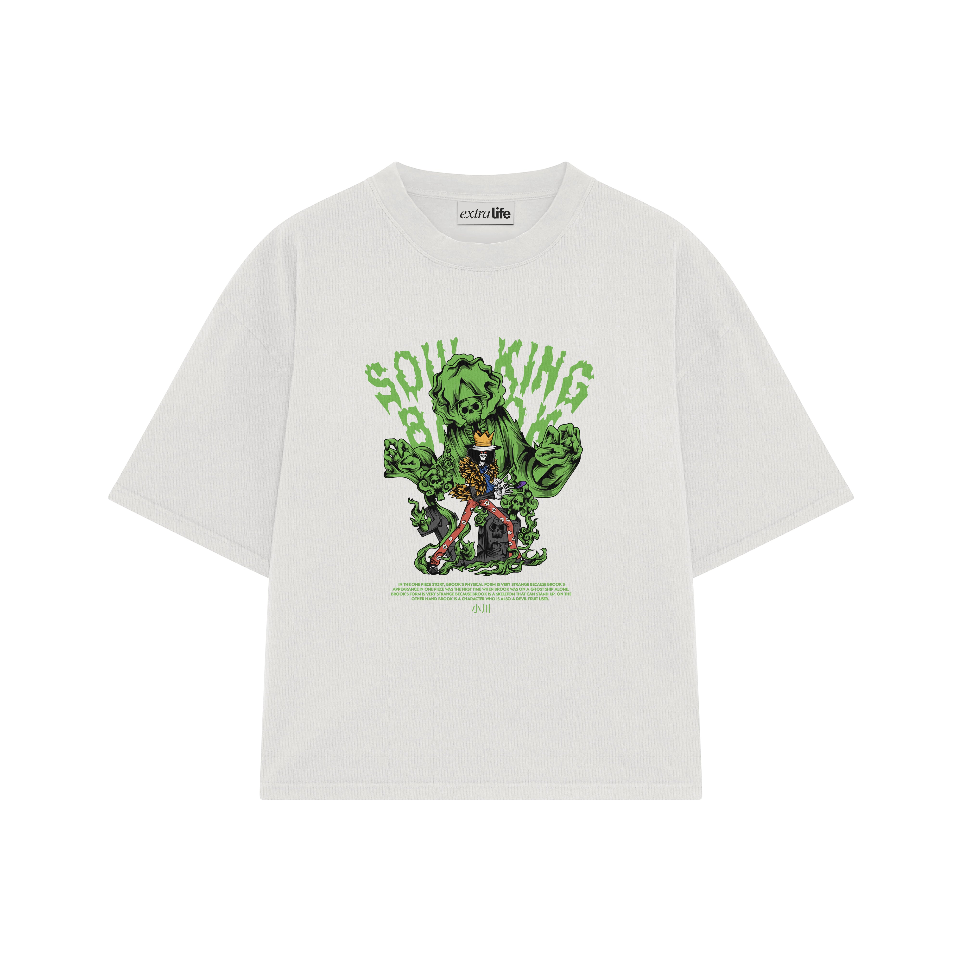 Playera streetwear premium de anime y gaming ExtraLife MX, corte boxy oversized drop shoulder heavyweight en color Deep Black y Off-White, moda urbana mexicana de culto.