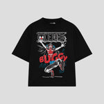 Playera streetwear premium de anime y gaming ExtraLife MX, corte boxy oversized drop shoulder heavyweight en color Deep Black y Off-White, moda urbana mexicana de culto.