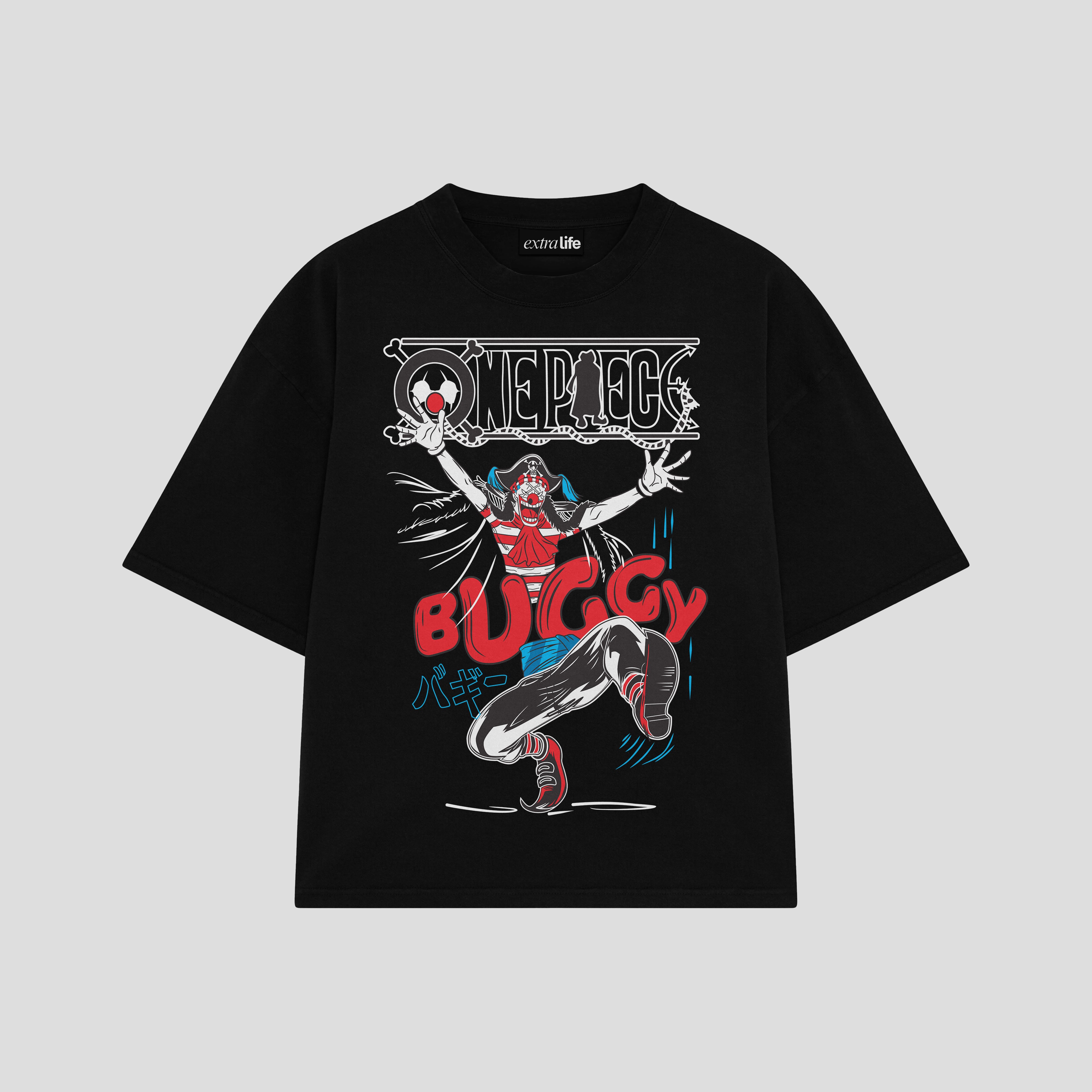 Playera streetwear premium de anime y gaming ExtraLife MX, corte boxy oversized drop shoulder heavyweight en color Deep Black y Off-White, moda urbana mexicana de culto.