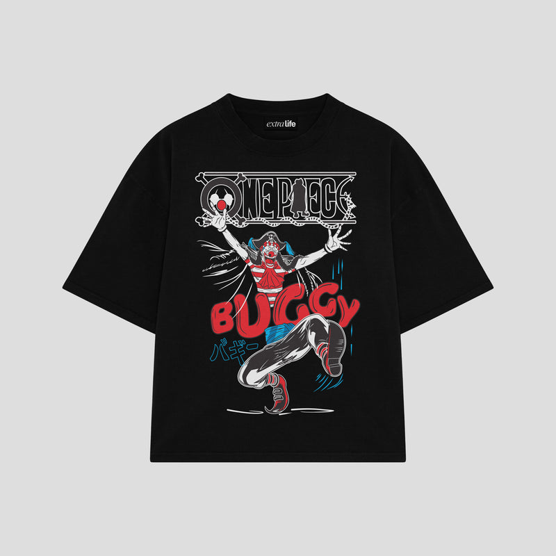 Playera streetwear premium de anime y gaming ExtraLife MX, corte boxy oversized drop shoulder heavyweight en color Deep Black y Off-White, moda urbana mexicana de culto.