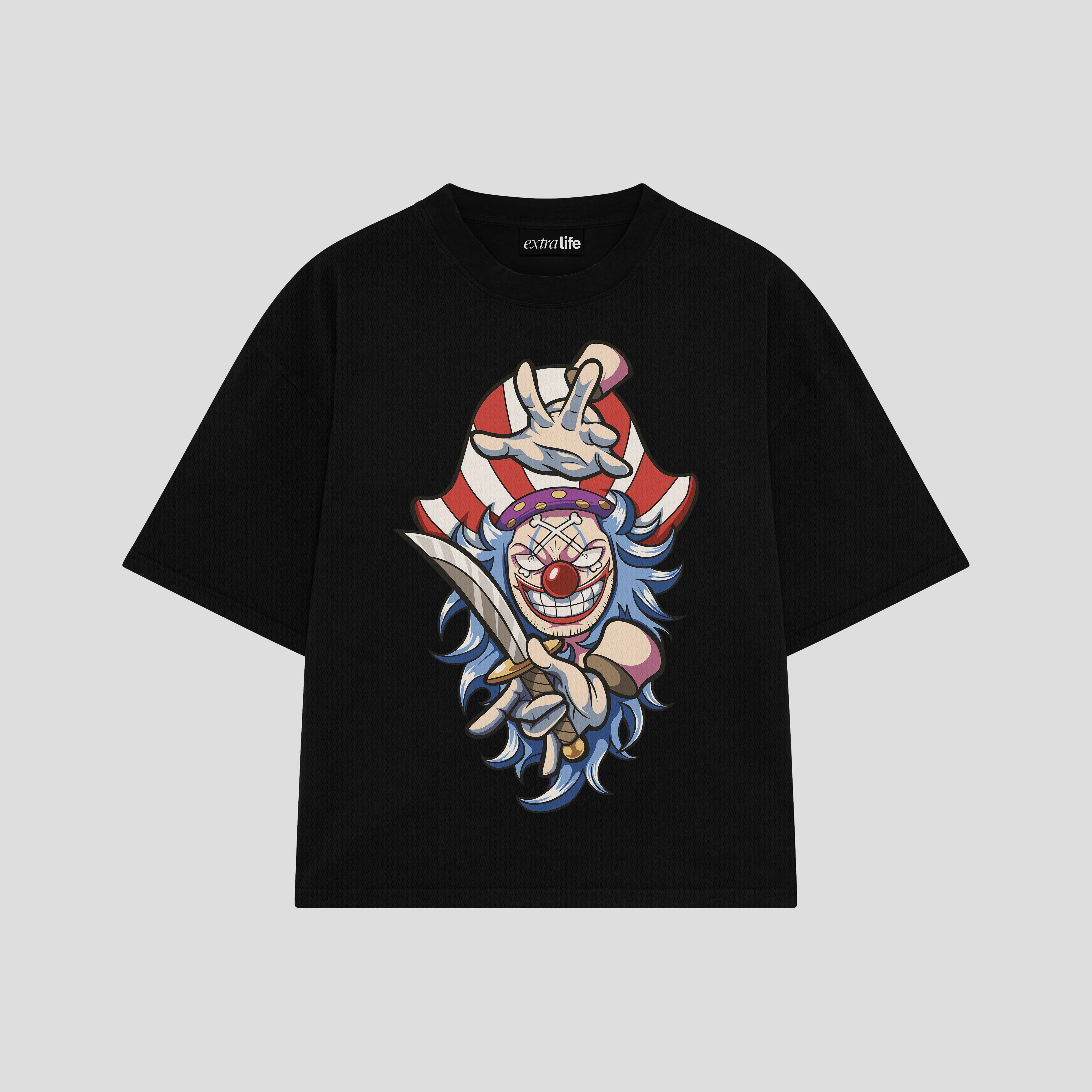 Playera streetwear premium de anime y gaming ExtraLife MX, corte boxy oversized drop shoulder heavyweight en color Deep Black y Off-White, moda urbana mexicana de culto.