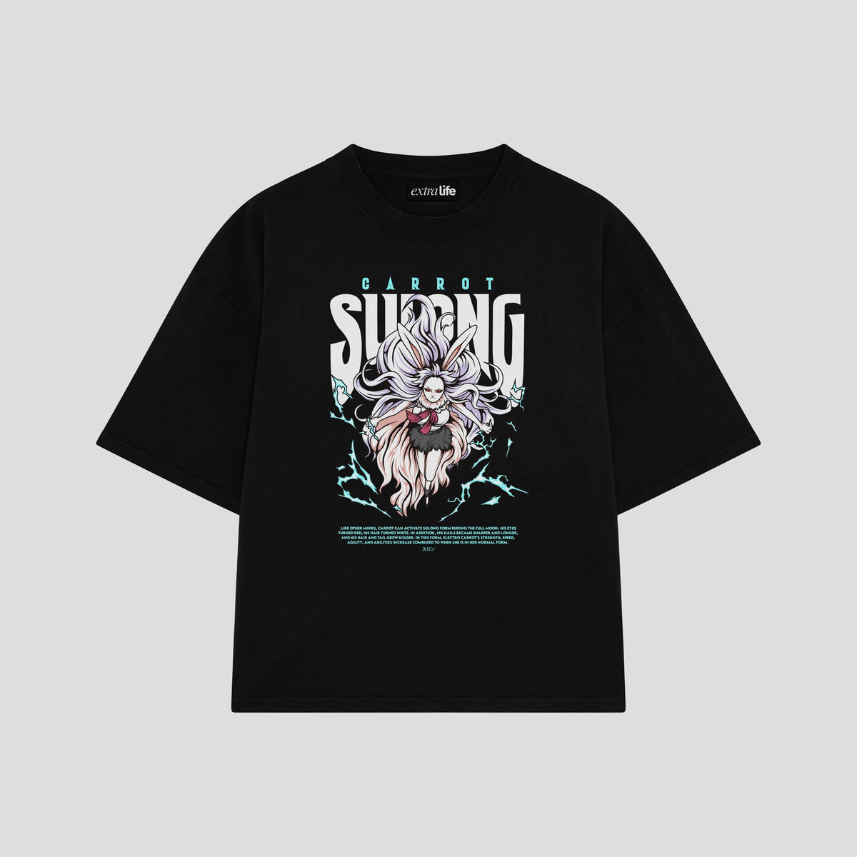 Playera streetwear premium de anime y gaming ExtraLife MX, corte oversized drop shoulder ligero y fresco en color Deep Black y Off-White, moda urbana mexicana de culto.