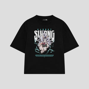 Playera streetwear premium de anime y gaming ExtraLife MX, corte boxy oversized drop shoulder heavyweight en color Deep Black y Off-White, moda urbana mexicana de culto.