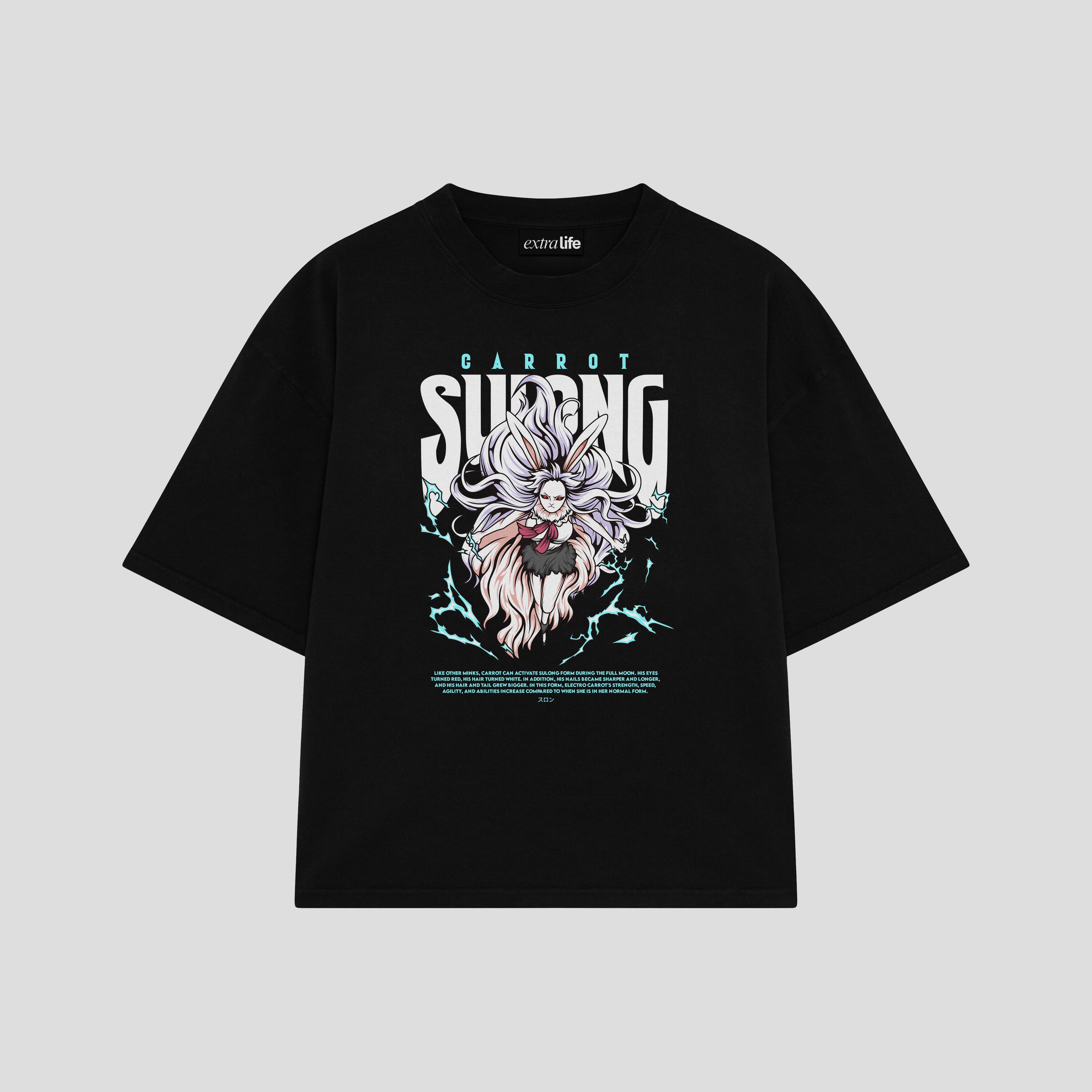 Playera streetwear premium de anime y gaming ExtraLife MX, corte boxy oversized drop shoulder heavyweight en color Deep Black y Off-White, moda urbana mexicana de culto.