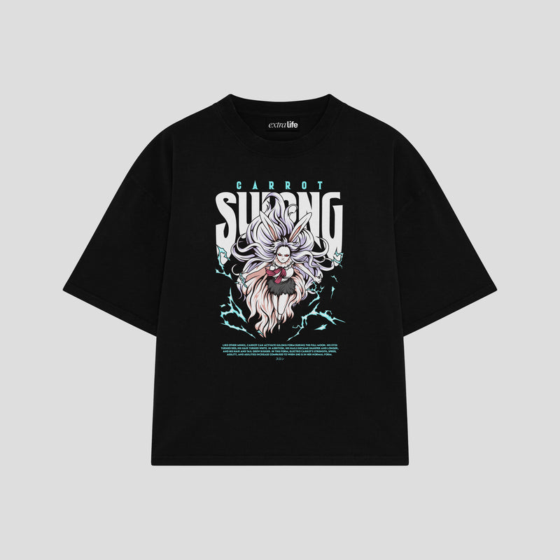 Playera streetwear premium de anime y gaming ExtraLife MX, corte boxy oversized drop shoulder heavyweight en color Deep Black y Off-White, moda urbana mexicana de culto.