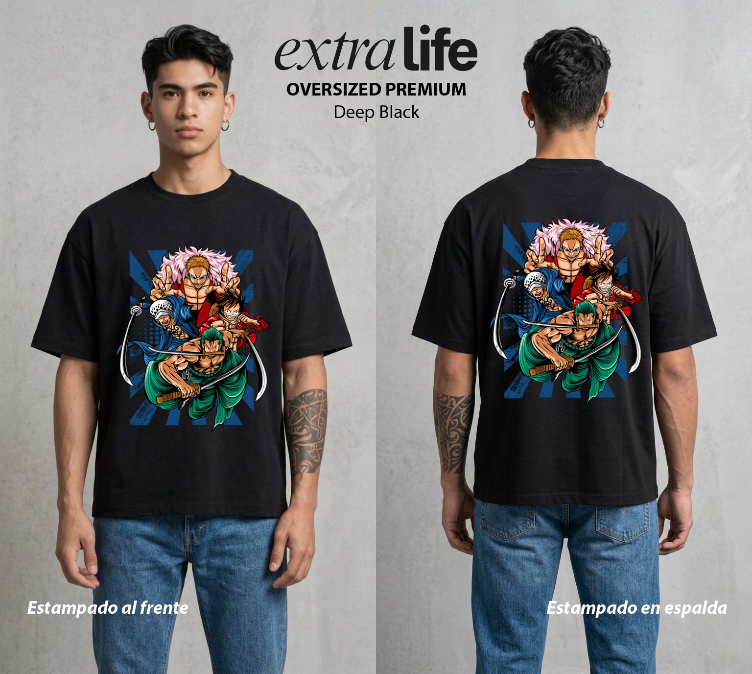 Mar de los Piratas | La Tripulacion del Sombrero #03060 - Playera Oversized Premium | Deep Black - Foto en modelo