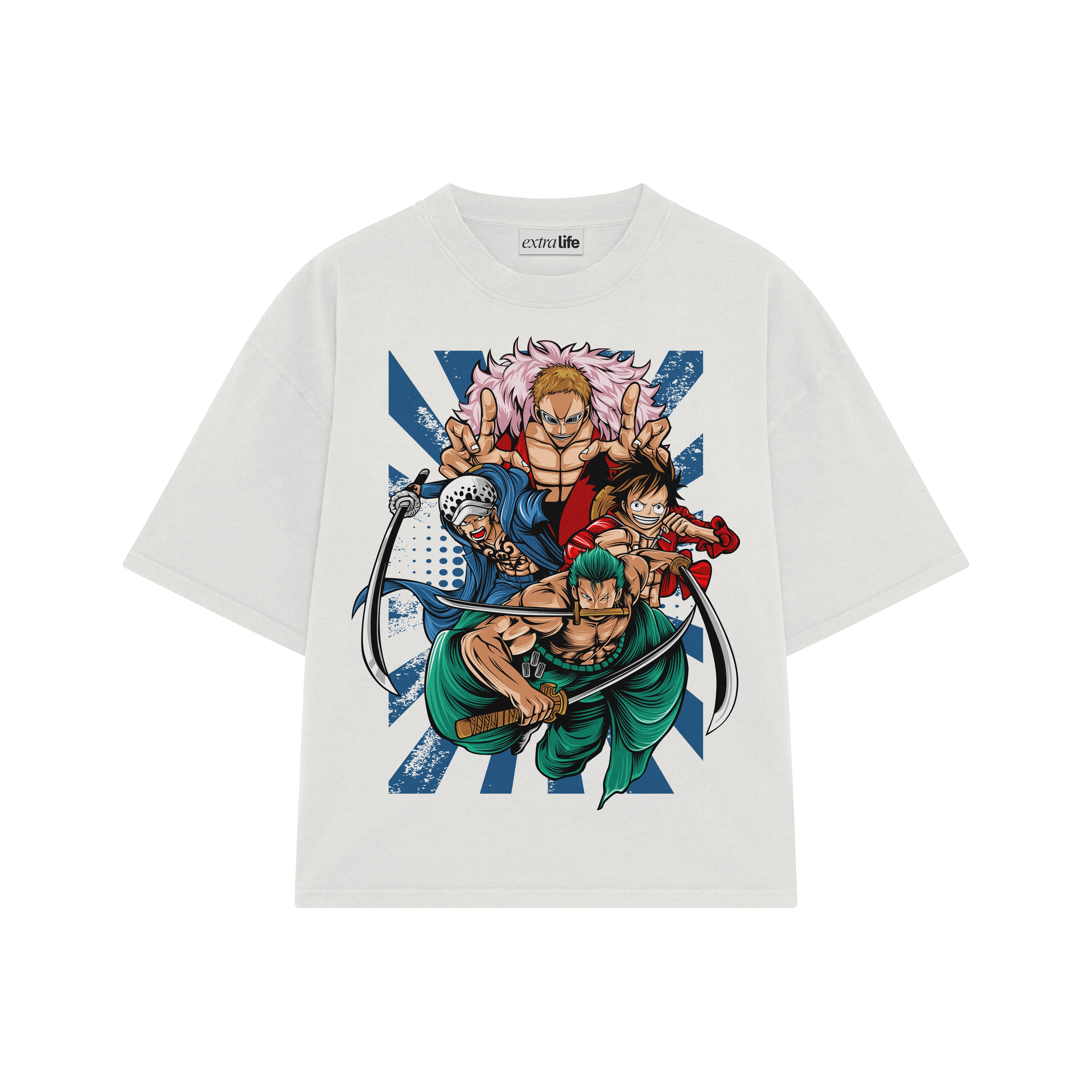Playera streetwear premium de anime y gaming ExtraLife MX, corte boxy oversized drop shoulder heavyweight en color Deep Black y Off-White, moda urbana mexicana de culto.
