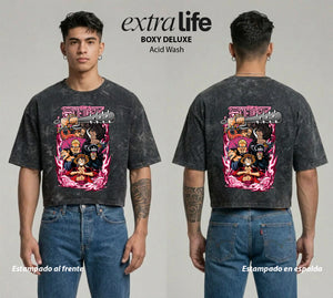 Playera streetwear premium de anime y gaming ExtraLife MX, corte boxy deluxe mineral wash heavyweight en color Acid Wash, moda urbana mexicana de culto.