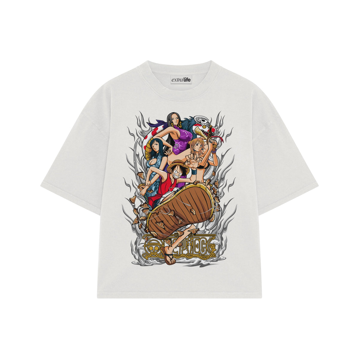 Playera streetwear premium de anime y gaming ExtraLife MX, corte oversized drop shoulder ligero y fresco en color Deep Black y Off-White, moda urbana mexicana de culto.