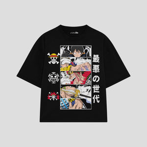 Playera streetwear premium de anime y gaming ExtraLife MX, corte boxy oversized drop shoulder heavyweight en color Deep Black y Off-White, moda urbana mexicana de culto.