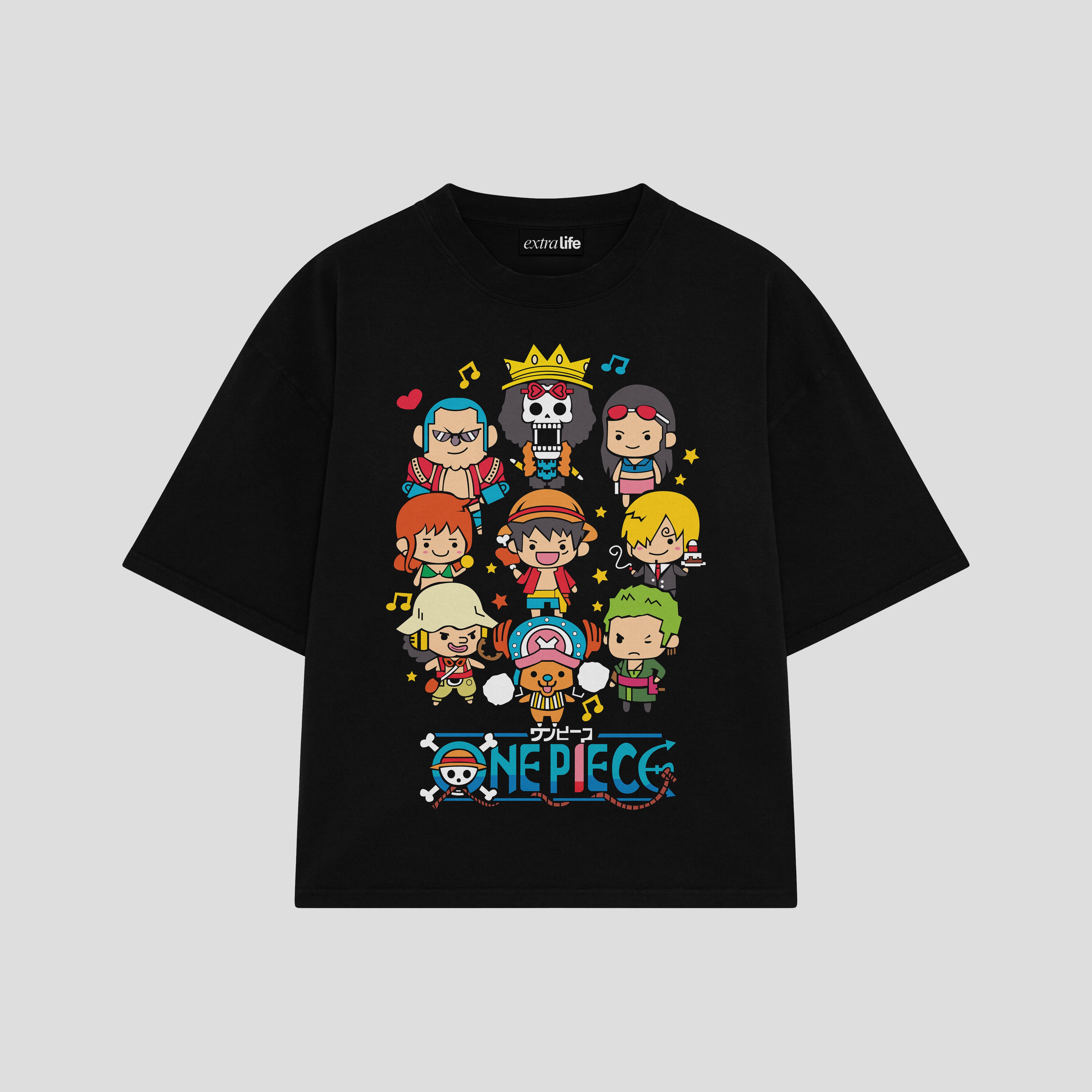 Playera streetwear premium de anime y gaming ExtraLife MX, corte boxy oversized drop shoulder heavyweight en color Deep Black y Off-White, moda urbana mexicana de culto.