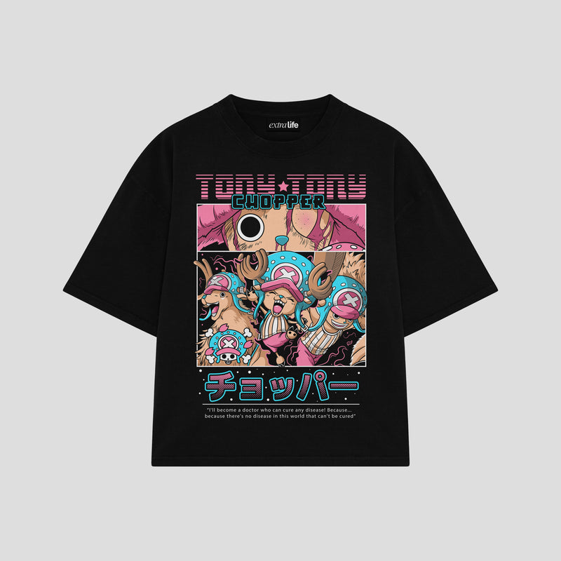 Playera streetwear premium de anime y gaming ExtraLife MX, corte boxy oversized drop shoulder heavyweight en color Deep Black y Off-White, moda urbana mexicana de culto.