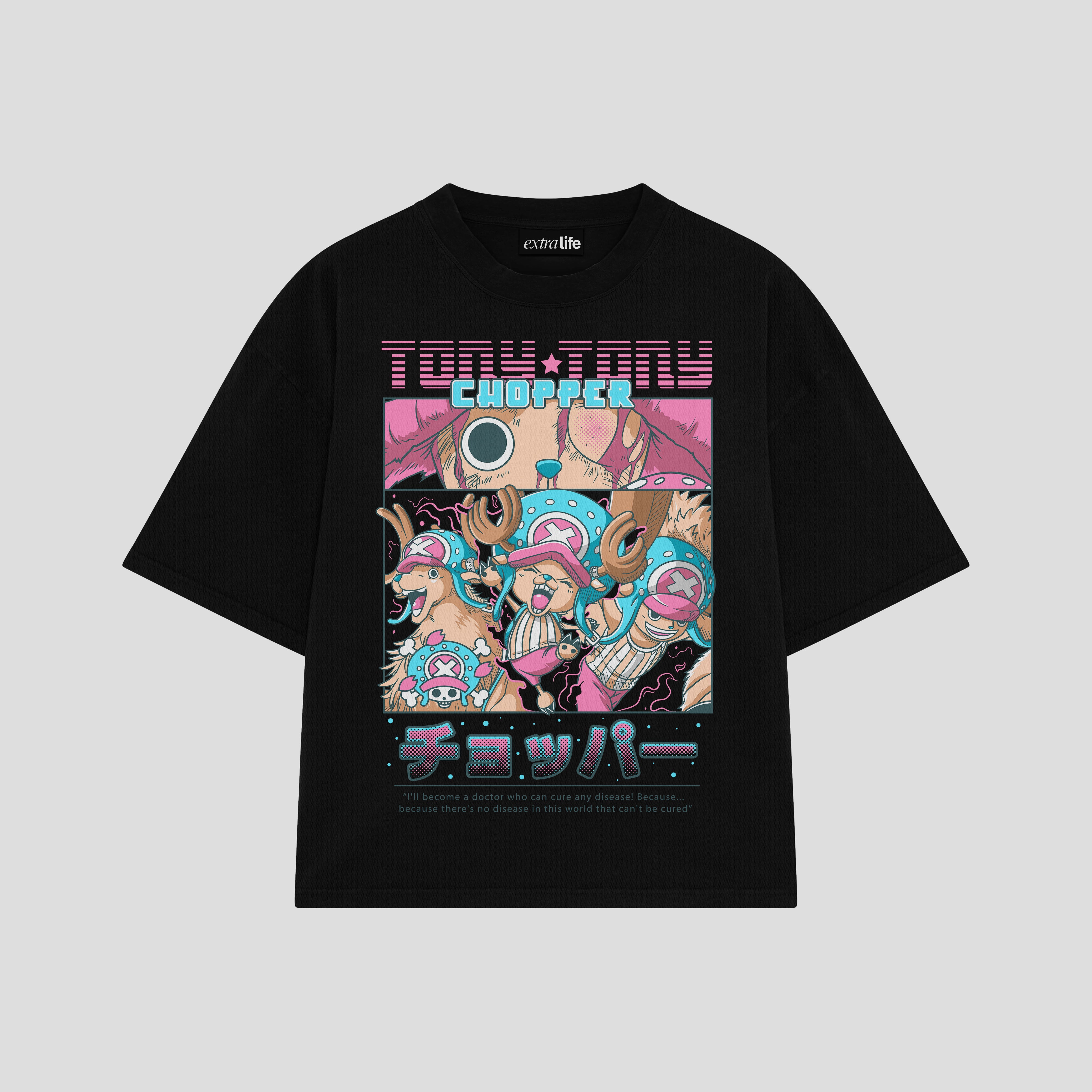 Playera streetwear premium de anime y gaming ExtraLife MX, corte boxy oversized drop shoulder heavyweight en color Deep Black y Off-White, moda urbana mexicana de culto.