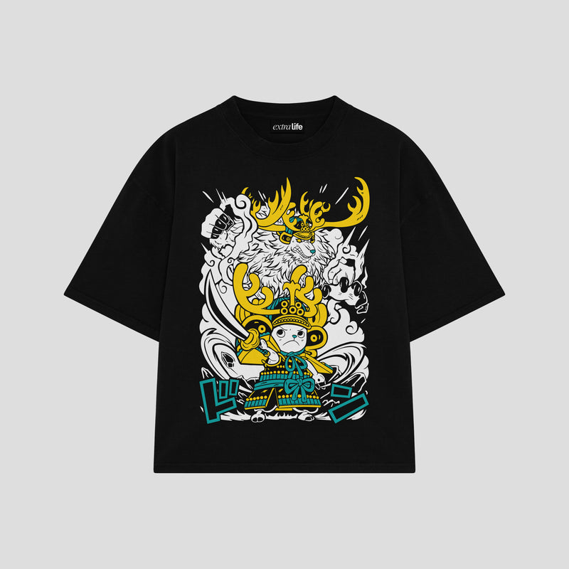 Playera streetwear premium de anime y gaming ExtraLife MX, corte boxy oversized drop shoulder heavyweight en color Deep Black y Off-White, moda urbana mexicana de culto.
