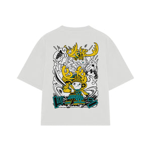 Playera streetwear premium de anime y gaming ExtraLife MX, corte boxy oversized drop shoulder heavyweight en color Deep Black y Off-White, moda urbana mexicana de culto.