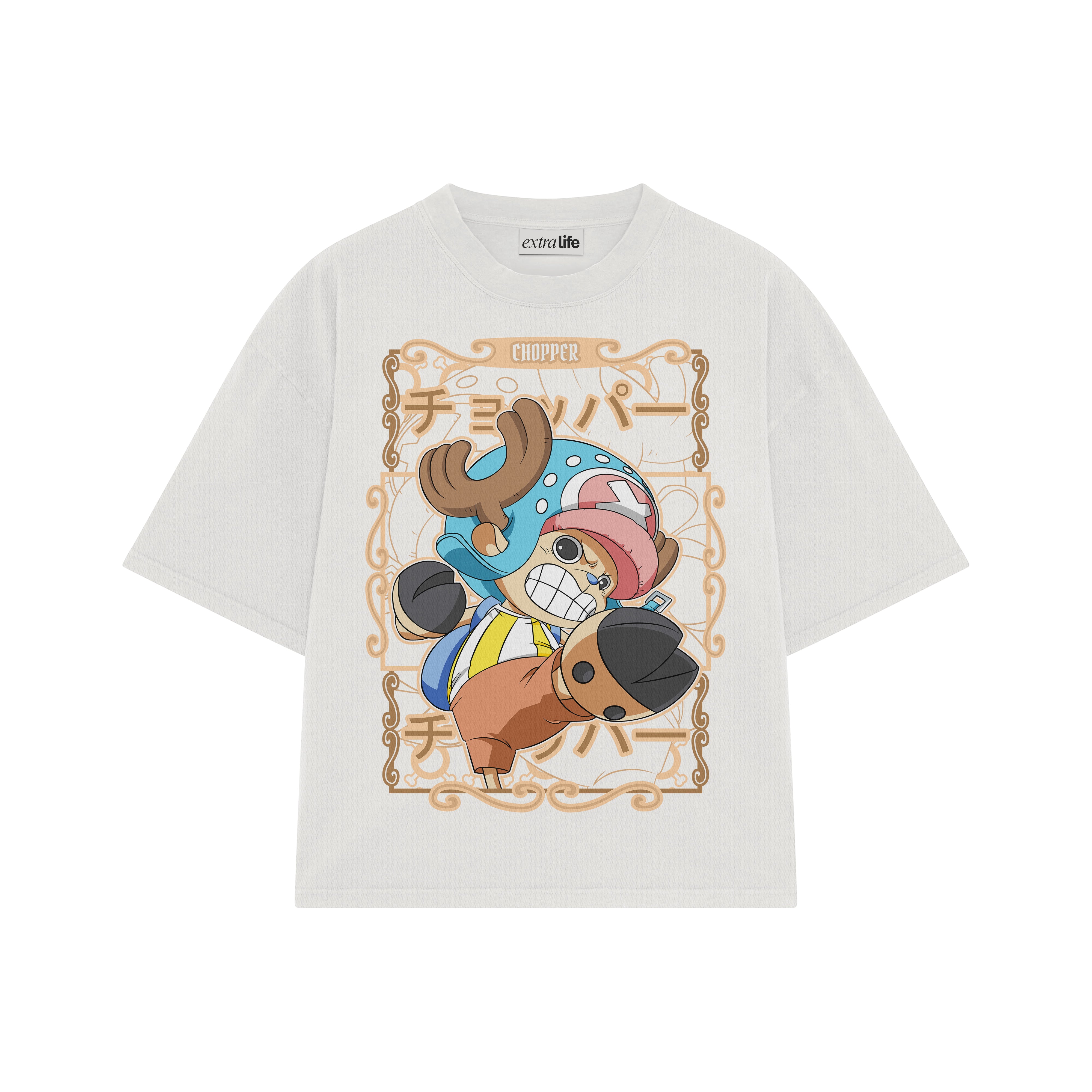 Playera streetwear premium de anime y gaming ExtraLife MX, corte boxy oversized drop shoulder heavyweight en color Deep Black y Off-White, moda urbana mexicana de culto.