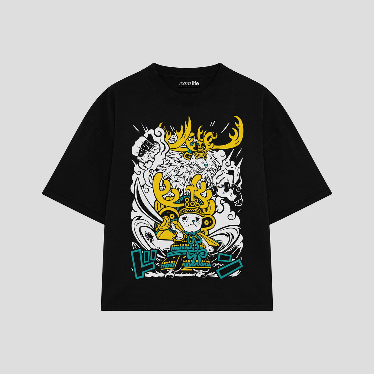 Playera streetwear premium de anime y gaming ExtraLife MX, corte oversized drop shoulder ligero y fresco en color Deep Black y Off-White, moda urbana mexicana de culto.