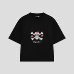 Playera streetwear premium de anime y gaming ExtraLife MX, corte boxy oversized drop shoulder heavyweight en color Deep Black y Off-White, moda urbana mexicana de culto.