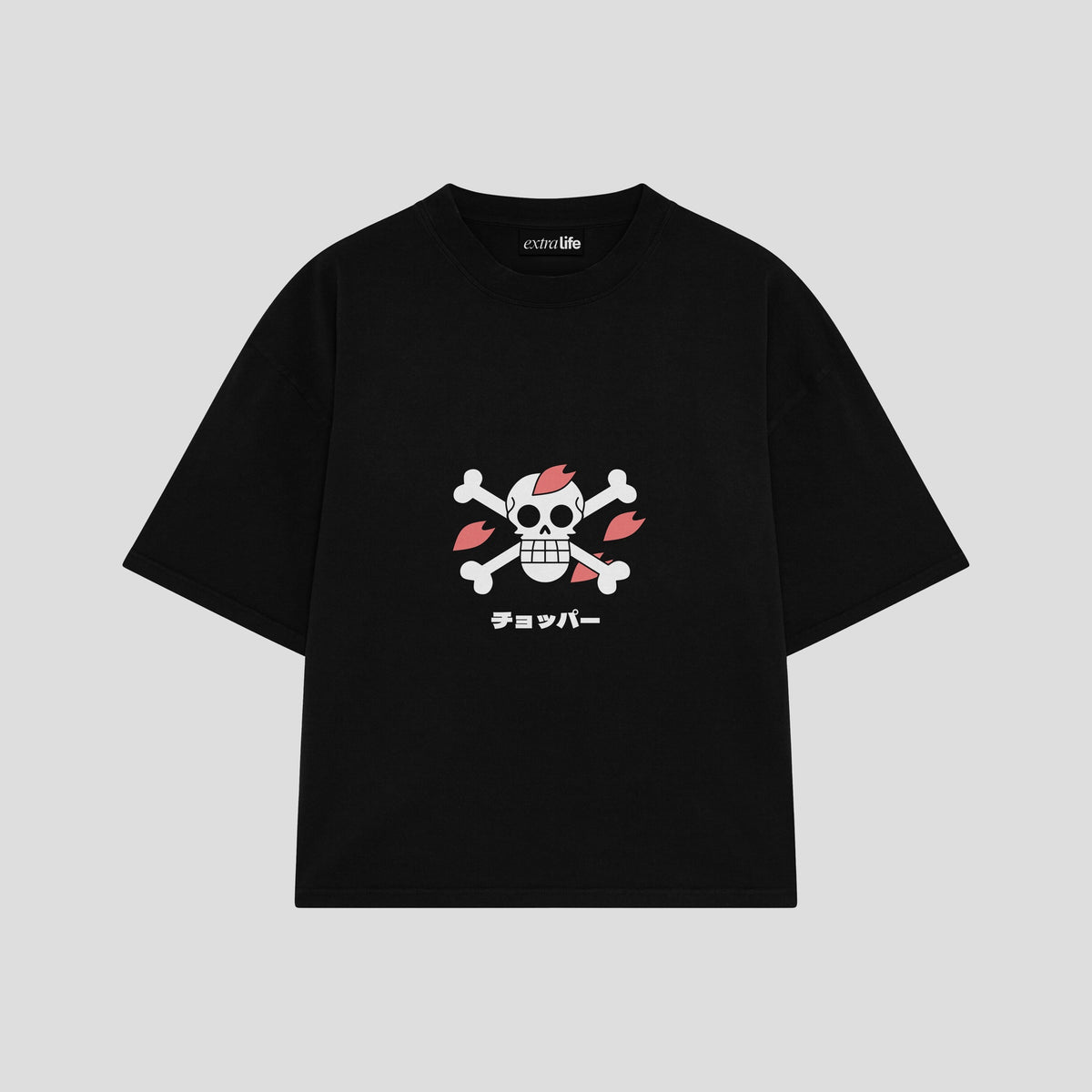 Playera streetwear premium de anime y gaming ExtraLife MX, corte oversized drop shoulder ligero y fresco en color Deep Black y Off-White, moda urbana mexicana de culto.