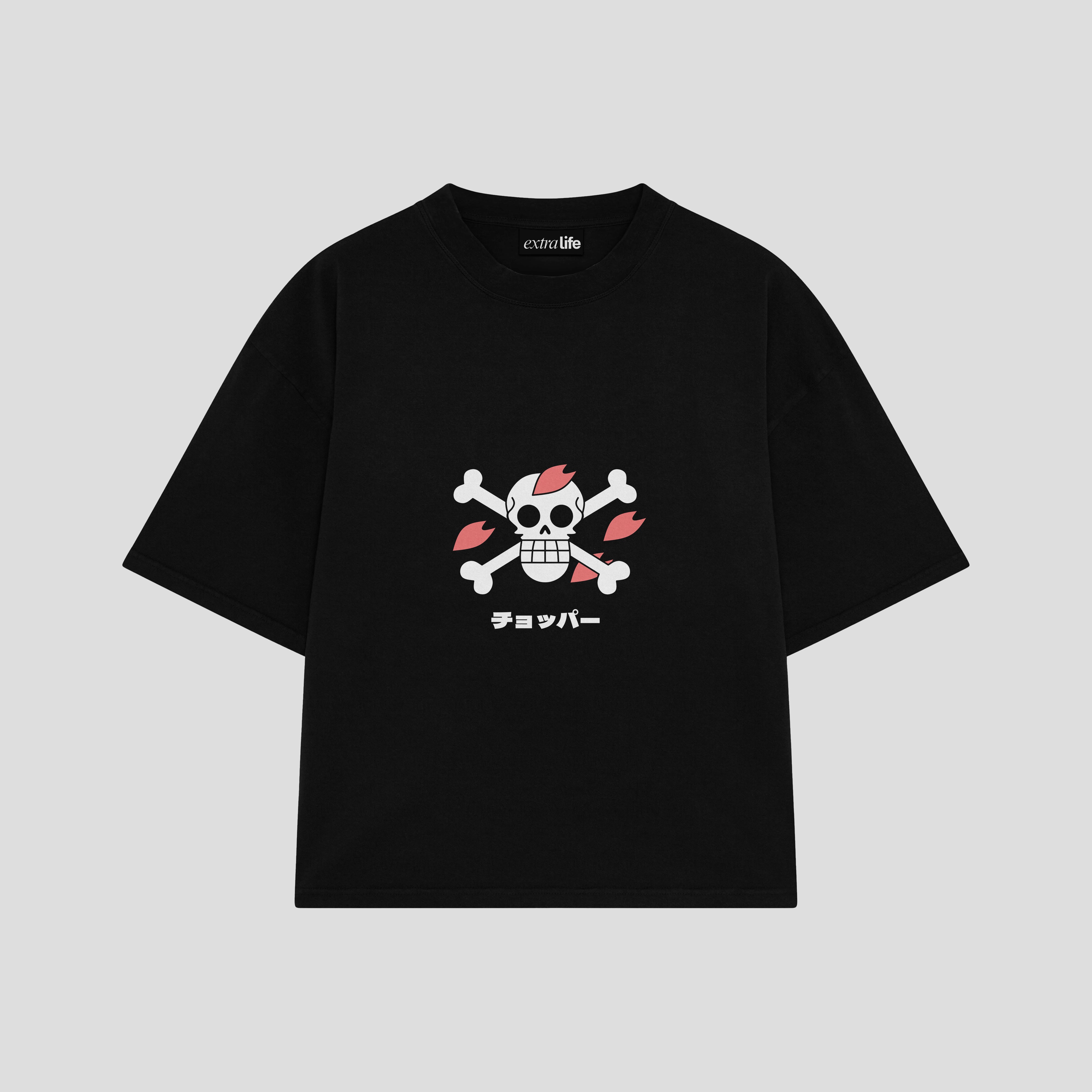 Playera streetwear premium de anime y gaming ExtraLife MX, corte boxy oversized drop shoulder heavyweight en color Deep Black y Off-White, moda urbana mexicana de culto.