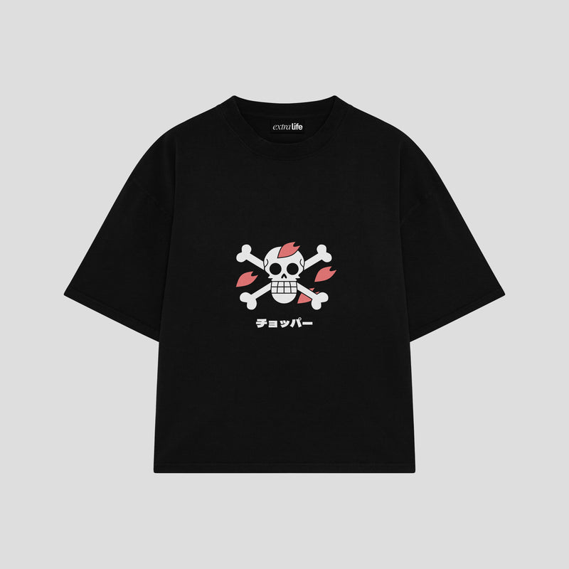 Playera streetwear premium de anime y gaming ExtraLife MX, corte boxy oversized drop shoulder heavyweight en color Deep Black y Off-White, moda urbana mexicana de culto.